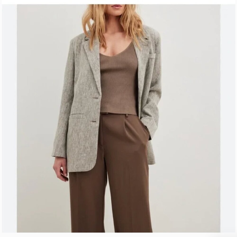 Claire Rose NA-KD Oversized Linen Look Blazer Taupe Neutral Minimalist Scandi 36